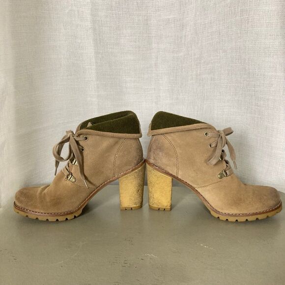 UGG Calynda Tan Suede Leather Heeled Booties Lace Up Sz 8 Shearling Lined Fall - Picture 5 of 11